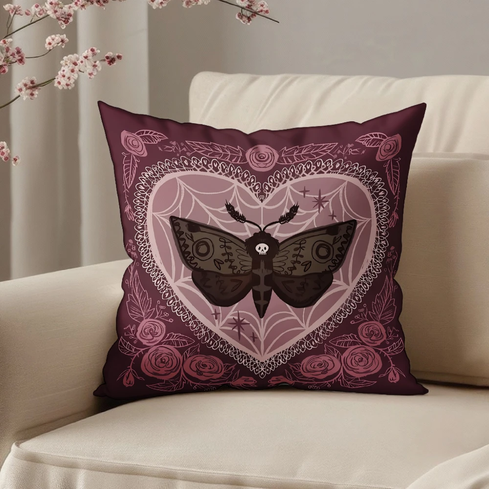 Square Throw Pillow Case Dark Burgundy Gothic Skull Moth Heart Spiderweb Rose Pattern For Sofa Bedroom Living Room Home Decor