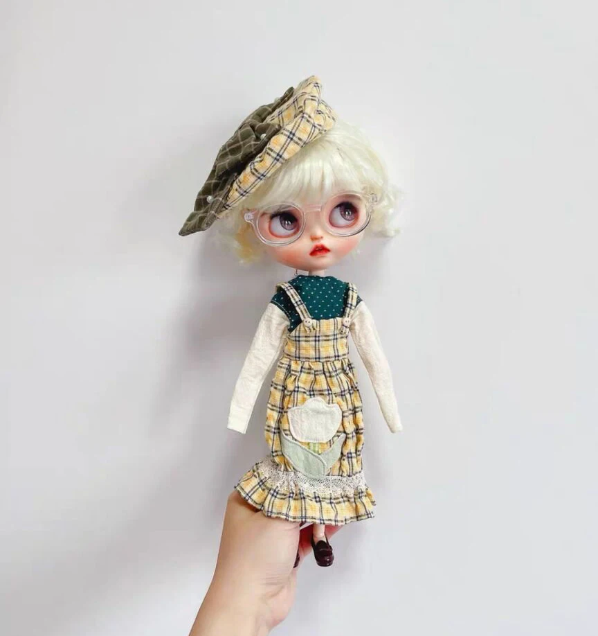 3pcs Forest style clothes blythe doll outfit Green top/yellow camisole skirt/yellow green bow hat (Fit for Pullip,24/26, Licca)