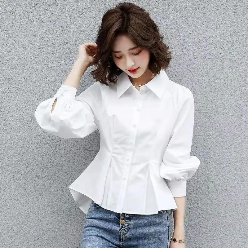 Stylish Lapel Button Spliced All-match Folds Lantern Sleeve Shirt Women\'s Clothing 2022 Autumn New Casual Tops Loose Chic Blouse