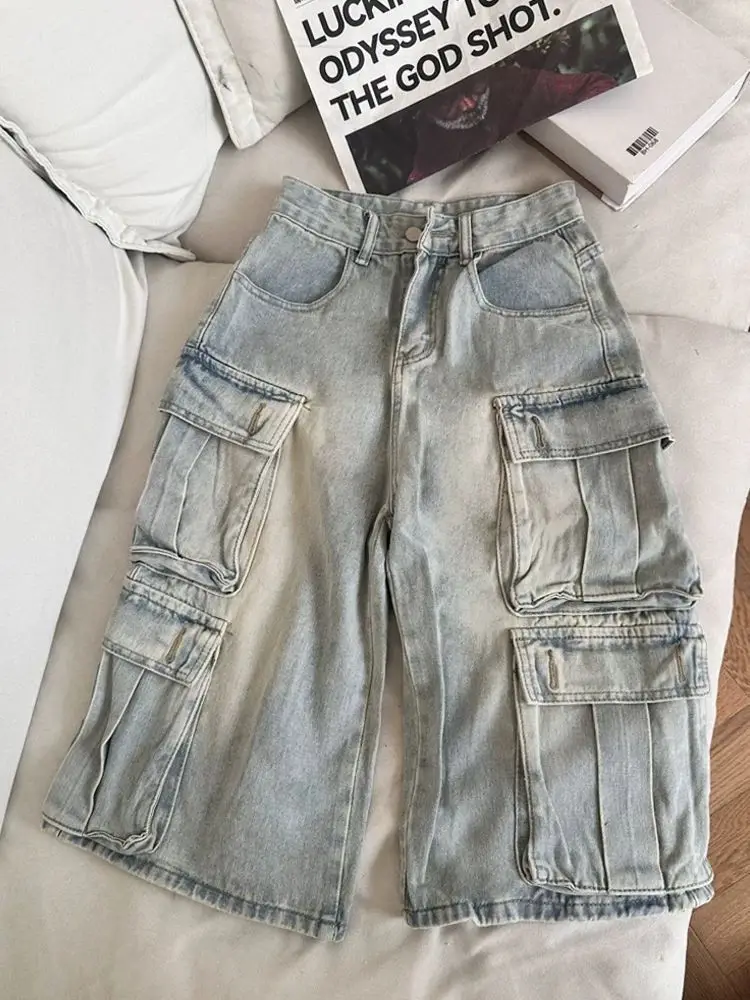

Large Size Vintage Washed Multi-Pocket Workwear Denim Shorts Men Women Summer Loose Wide Leg Slimming Seven-Foot Pants