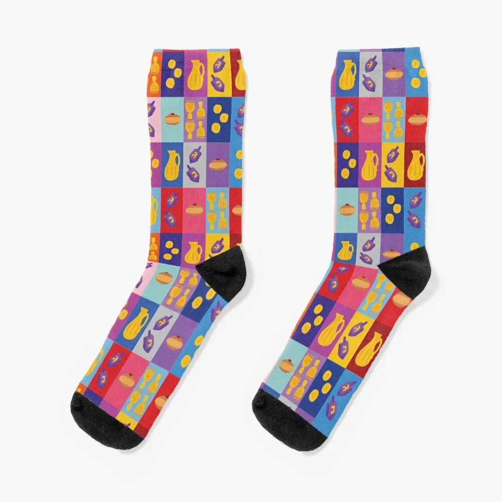 Chanukah Smorgasbord - Warm Pop Art Grid Socks kawaii floor Stockings man Socks For Girls Men's