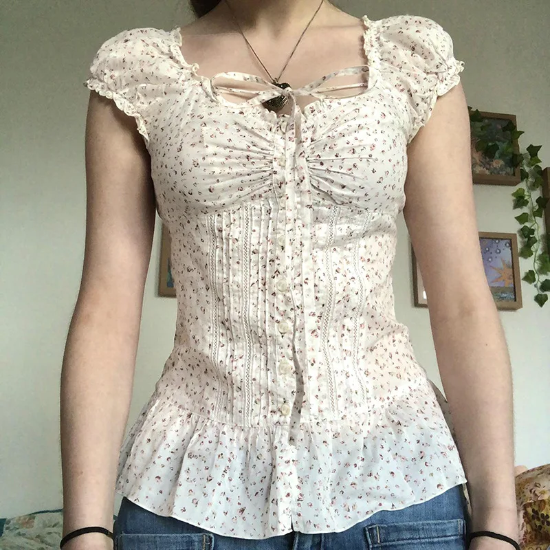 

Women's Ditsy Floral Ruffle Trim Top Cap Sleeve Tie Neck Ruched Button Slim Fit Y2K Coquette Casual Daily Top Vintage Blouse