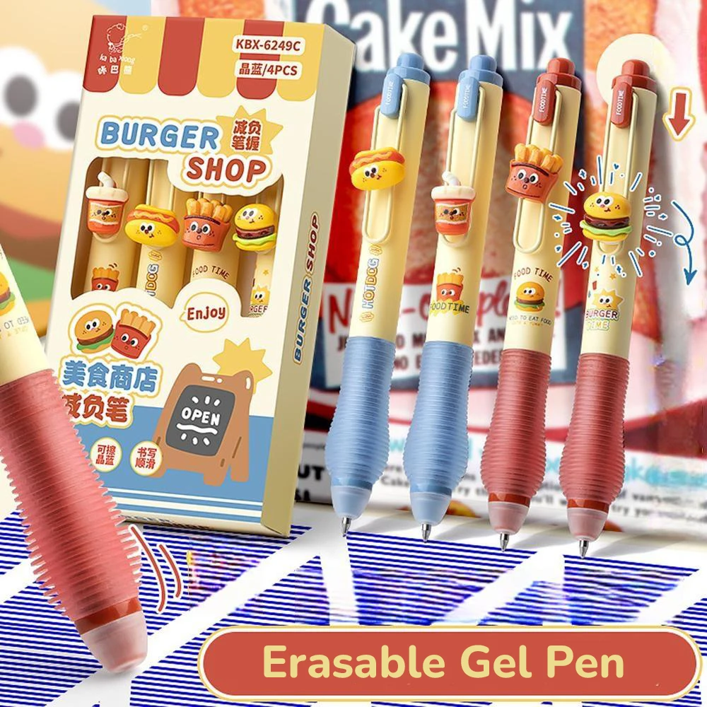 4Pcs/Box Burger Shop Press Gel Pen 0.5mm Erasable Ballpoint Pens Writing Pens Stationery School Office Supplies