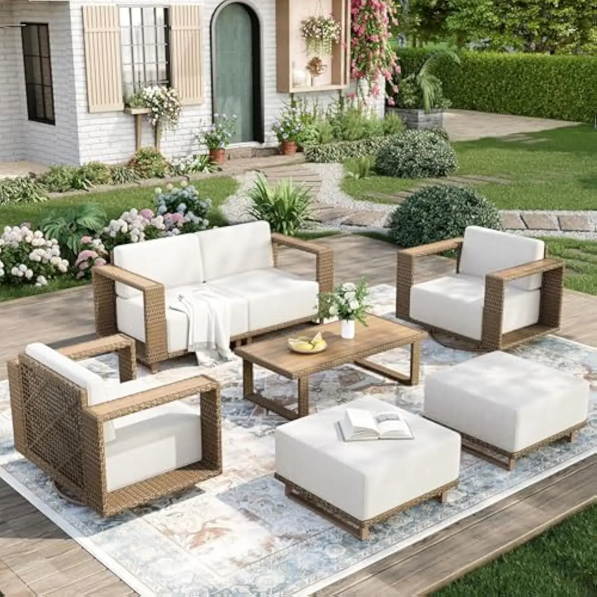 Outdoor 7-Piece Patio Set Featuring Swivel Sofas Armchairs Coffee Table Thick 10-Inch Cushions Beige Traditional Style Ergonomic