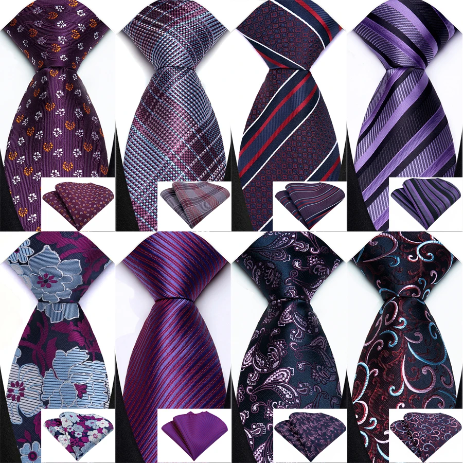 Luxus Herren Krawatten Floral Dunkellila Krawatten Paisley Streifen Plaid Krawatte Einstecktuch Set Männer Hochzeit Party Krawatte Zubehör
