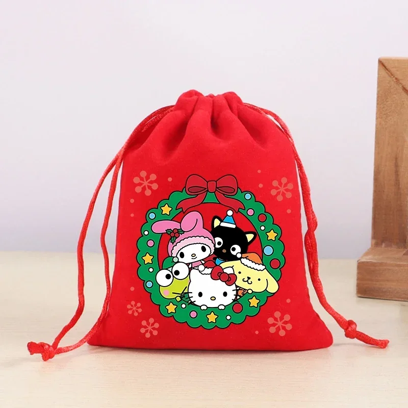 Sanrio Bun Pocket Hello Kitty Christmas Anime Velvet Gift Bag Cartoon Festival Party Gift Bag Pulling Rope Children's Candy Bag