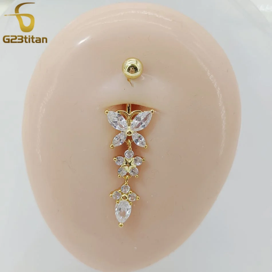 G23titan CZ Zircon Butterfly Dangle Belly Button Ring 14G Titanium Barbell Navel Bar Body Piercing Jewelry Women Sex Accessories