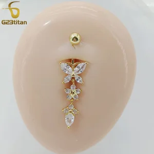 G23titan CZ Zirkon Kupu-kupu Menjuntai Cincin Pusar 14G Titanium Barbel Pusar Bar Perhiasan Tindik Tubuh Aksesori Seks Wanita 10 anting cartier penjualan terbaik - №