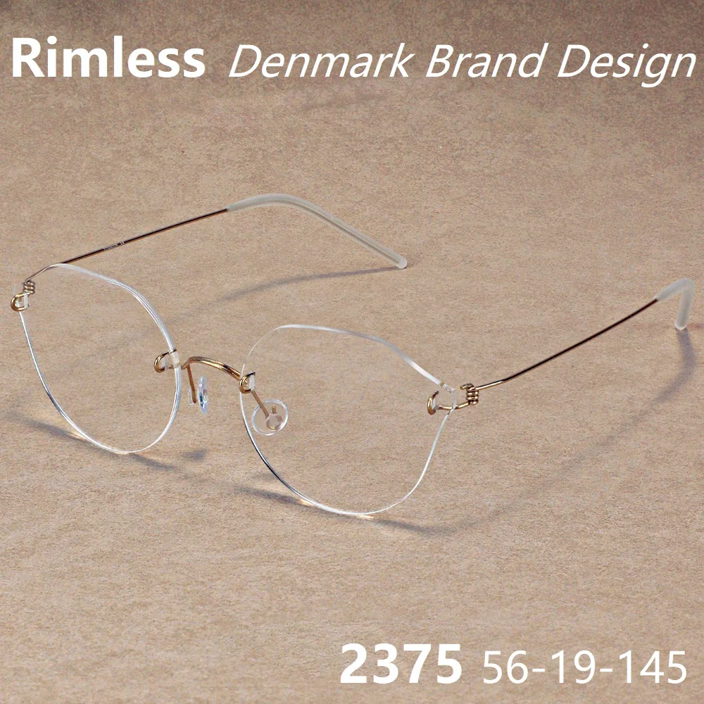 

Women Rimless Glasses Frame Titanium Frameless Eyeglasses Screwsless Ultralight Thin Polygon Cat Shape Denmark Brand Style 2375
