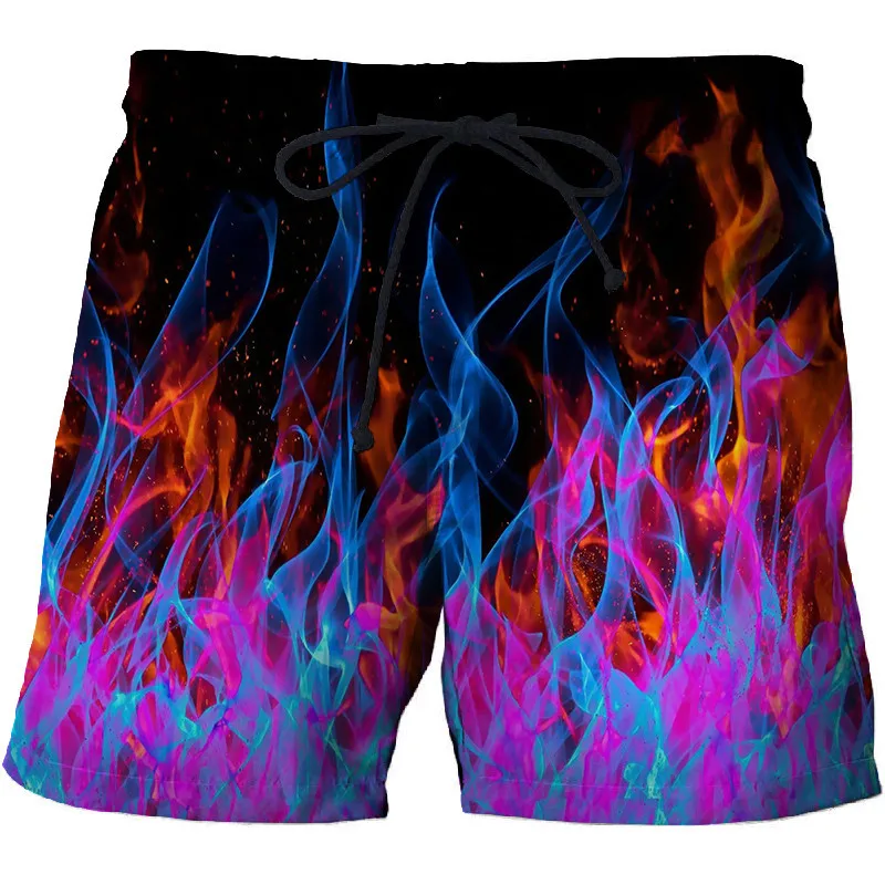 Calções de praia com chama azul masculino, bermuda de surf, calção de natação 3D, calça esportiva casual, respirável com estampa solta