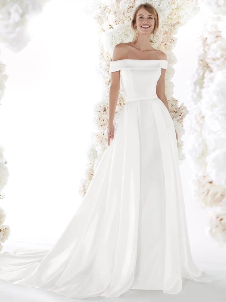

Elegant Wedding Dress Off the Shoulder A Line Simple Gowns for Women 2024 Bride Belt Pleats Bow Sweep Train Bridal