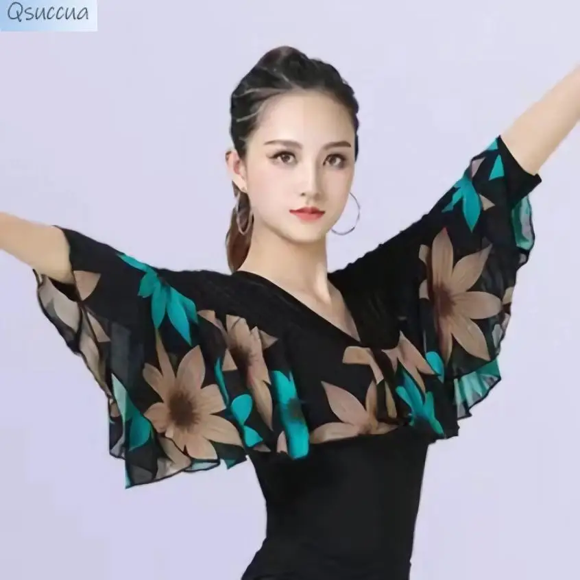 Latin Dance Tops Women's New Maple Leaf Ruffled Clothes Modern Dance Practice Clothes Professional Clothes Sleeves