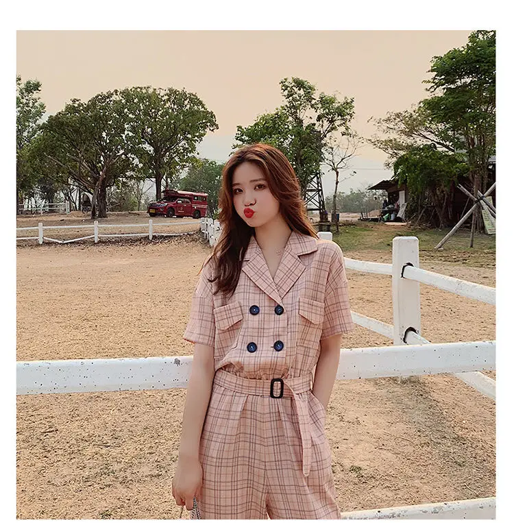 Korea Rompers Short Sleeves Trousers Women Collar Plaid Jumpsuit Full Length Work Office Lady 2024 New