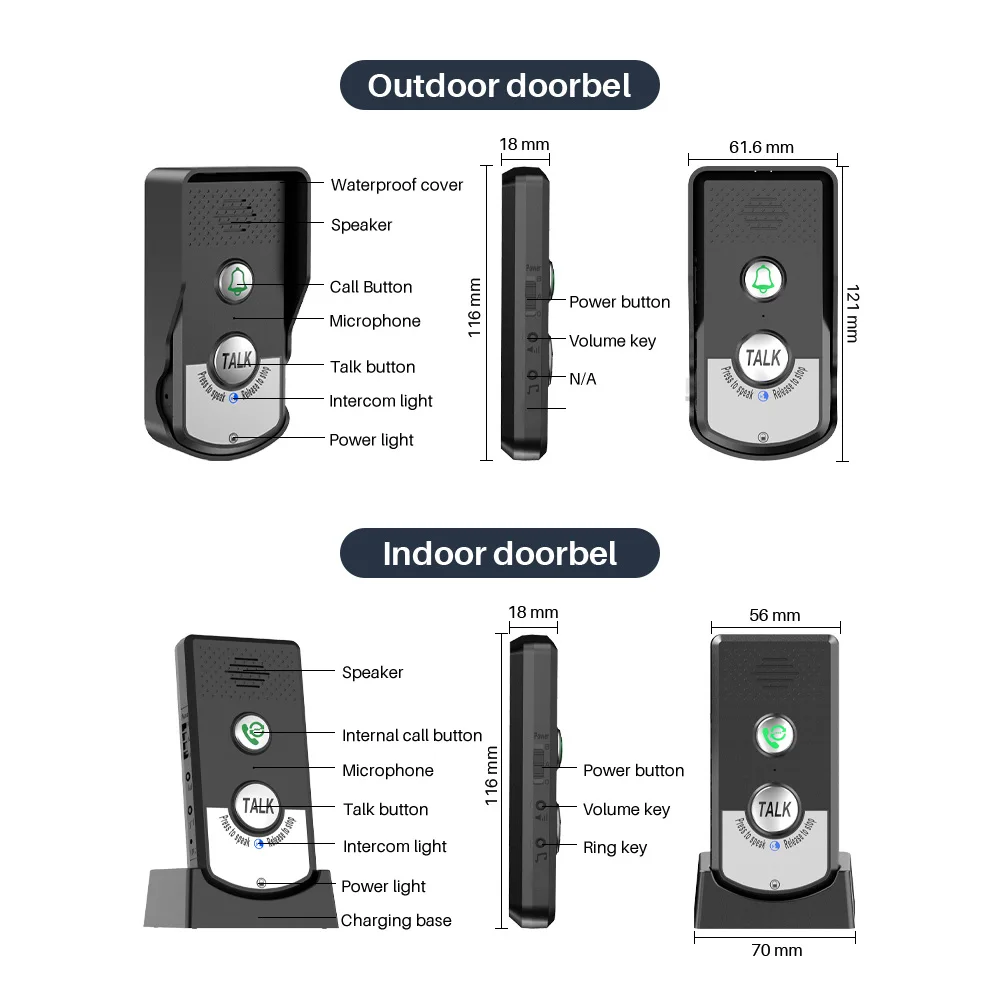 Wireless Doorbell Intercom Smart Intercom Doorbells for Home Real-Time Two-Way Communication 3Volume Level 1000m/3280ft Doorbell