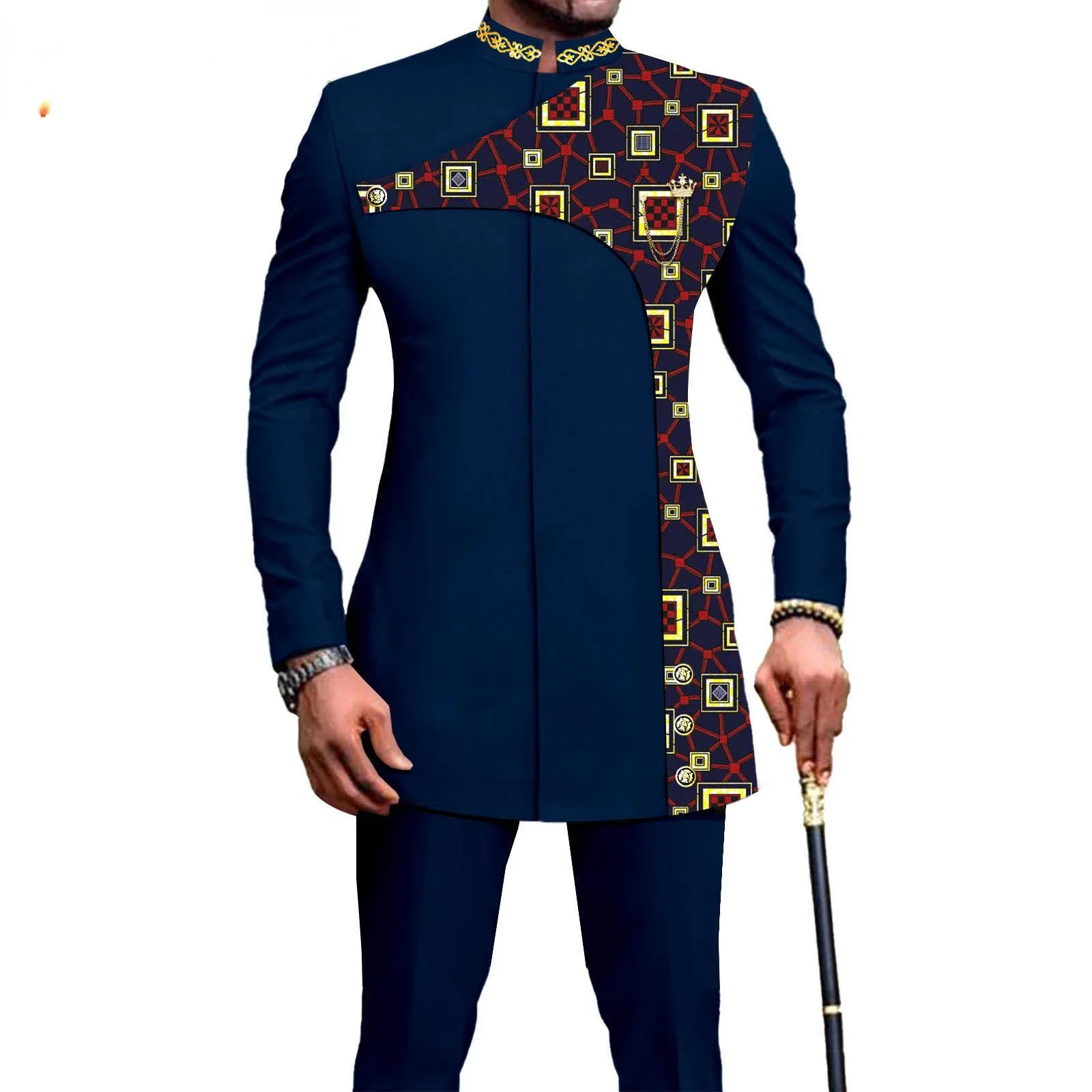 Bazin Riche African Traditional Clothing for Men Zip Shirts and Pants 2 Piece Set Formal Suit for Wedding Evening A2316036