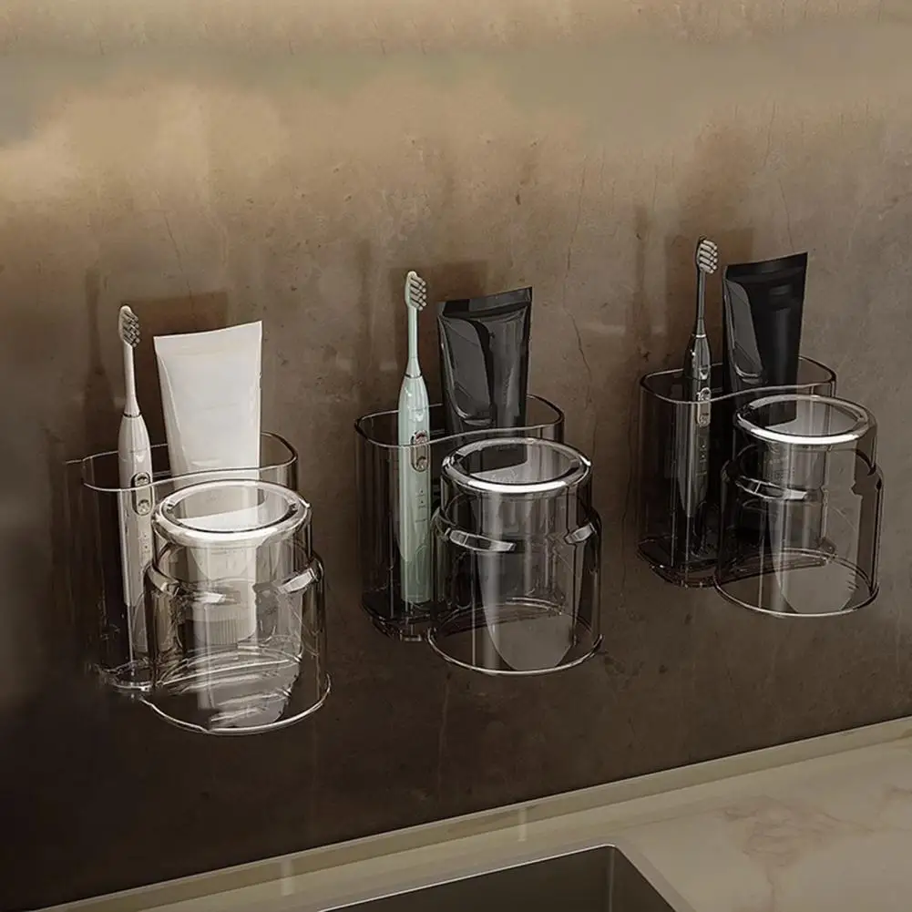 バスルームの壁に取り付けられた収納ラック、クラムズオーガナイザー、カップ付きの透明な歯ブラシホルダー、実用的なデザイン