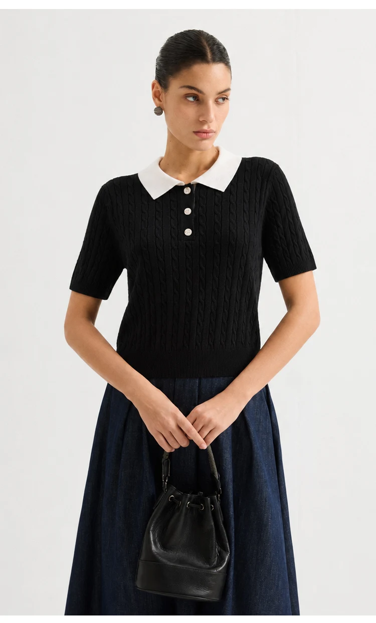 MZ62085 Damen-Pullover im Preppy-Stil mit Polokragen, Zopfmuster, kurzen Ärmeln, Kontrastkragen, Knopfdetails, Modal-Mischung, Oberteil für den frühen Herbst – Detail 5