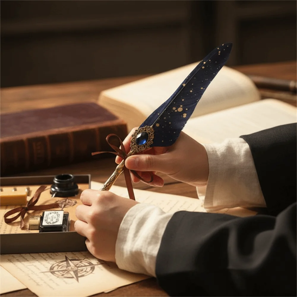 Replaceable Nib Feather Dip Pen Classic Feather Shape Ink-Containing Calligraphy Pen 15ml Refill Ink Dip Pen Set