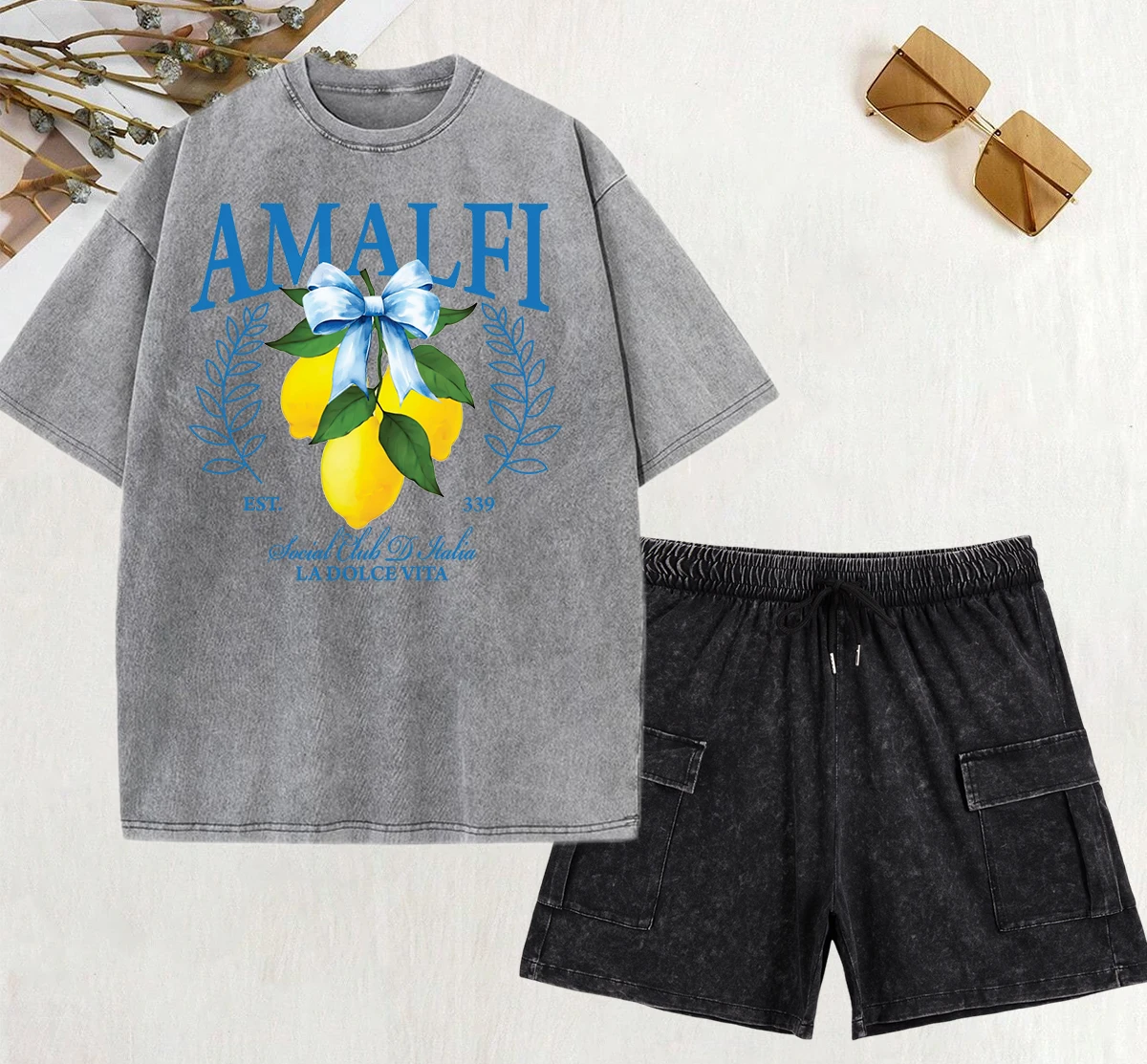 

Amalfi Coast Lemon Fruits Print Washed T-Shirts Sets Women Summer Fashion Shorts Set Cotton Short Pants All-Match O-Neck T Shirt
