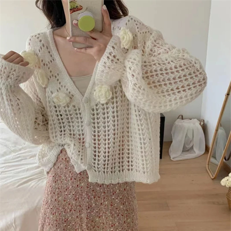 

2025 New Flower Trim Hollow Out Cardigan Coats Women Spring Summer Solid Color V-Neck Knitted Sweater Korean Streetwear Tops