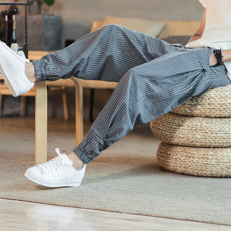 

Spring Summer Buckle Striped Harem Pants Mens Breathable Cotton Linen Pencil Pants Buckle Casual Bloomers Fashion Trousers