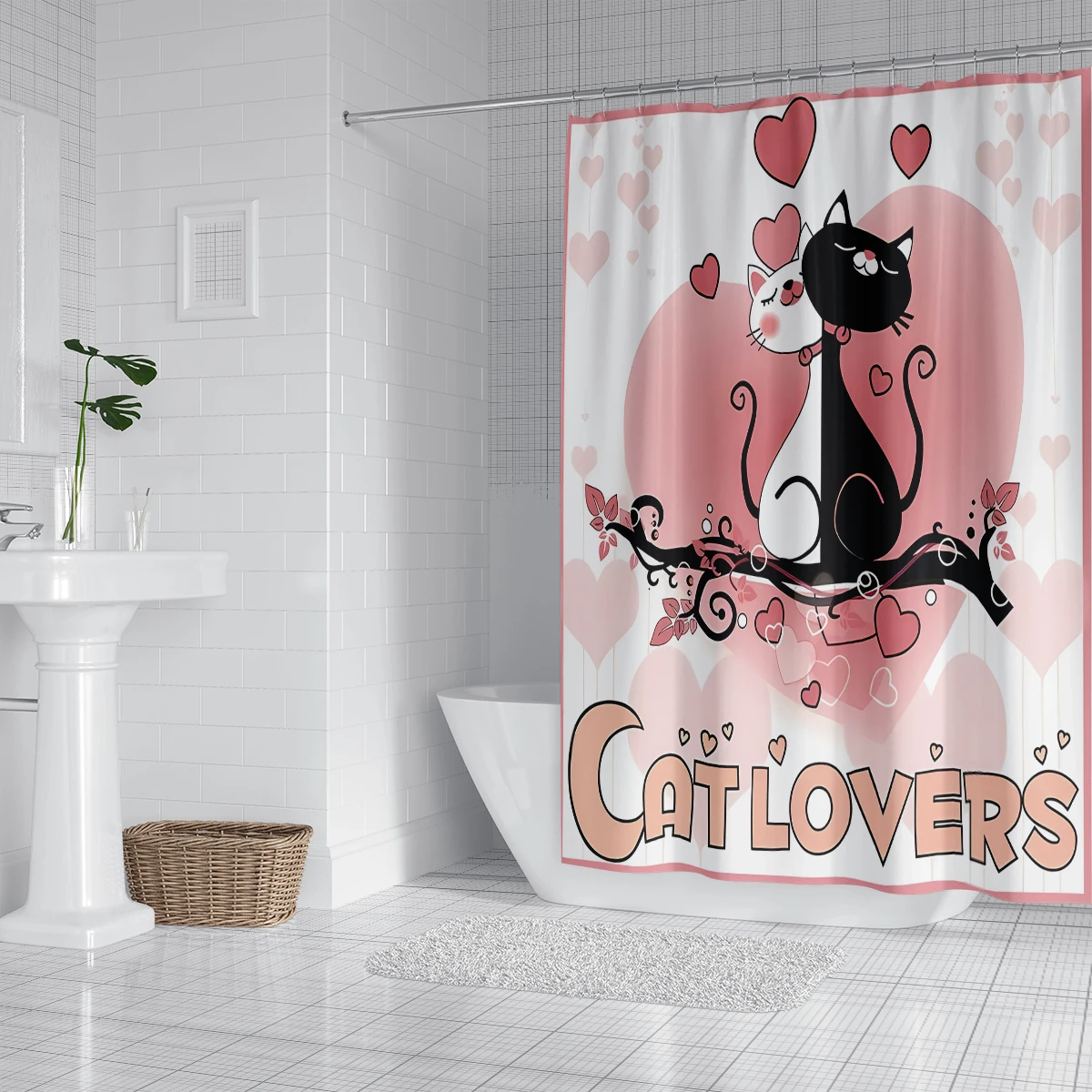 1pc, 180x180cm cartoon black cat print, mildew-proof, waterproof, no pilling, perforated with hook, bathroom shower curtain