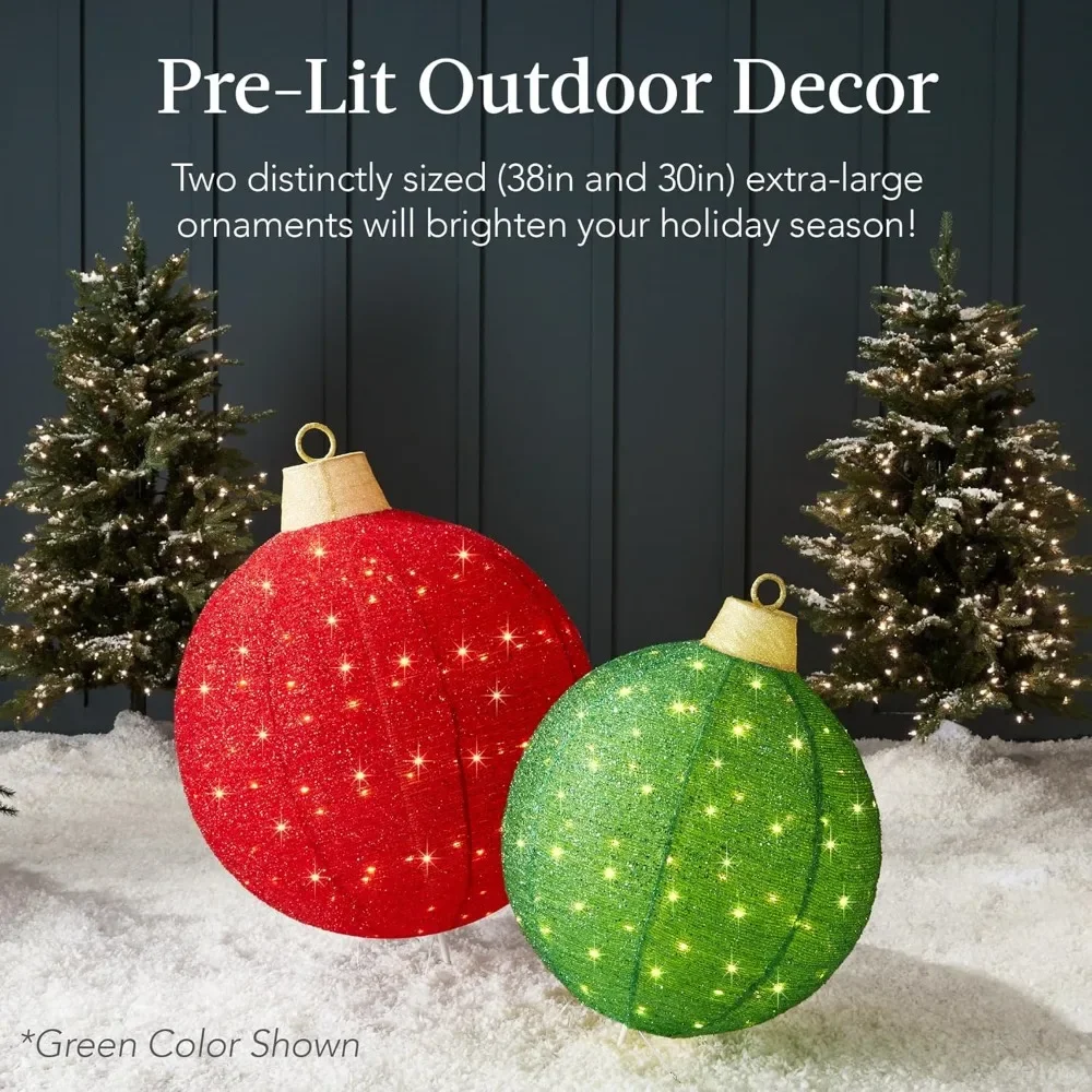 

2pc Lighted Pop-Up Outdoor Christmas Ornament Set, Holiday Ball Decoration w/ 180 LED Lights, 8 Light Funct