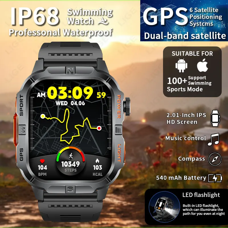 

2026 New Military Outdoor Smart Watch Men's GPS 540mAh LED Flashlight Bluetooth Call 2.01" Screen Waterproof Sports Smartwatch