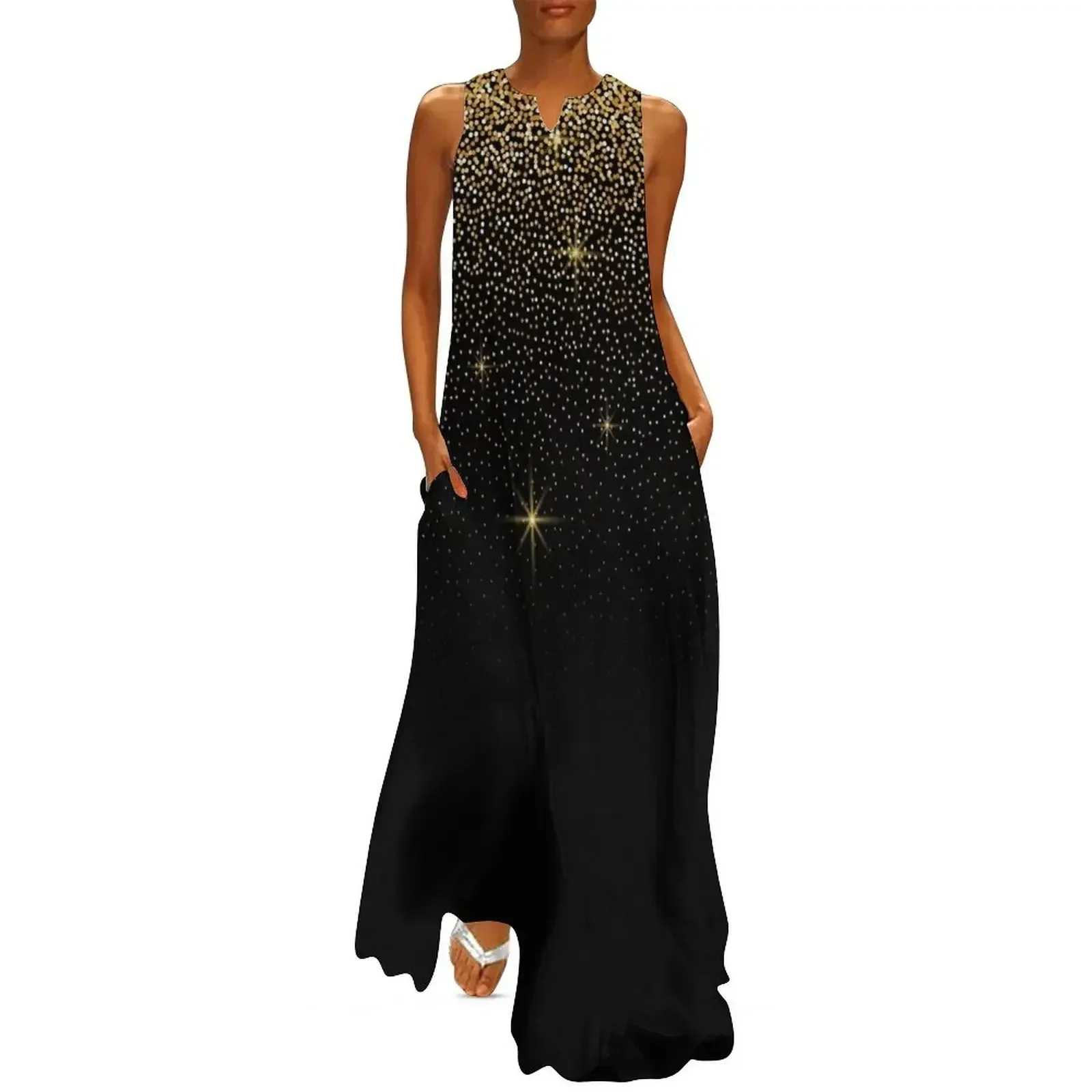 

black and gold glitter pattern Long Dress womens clothing Dress