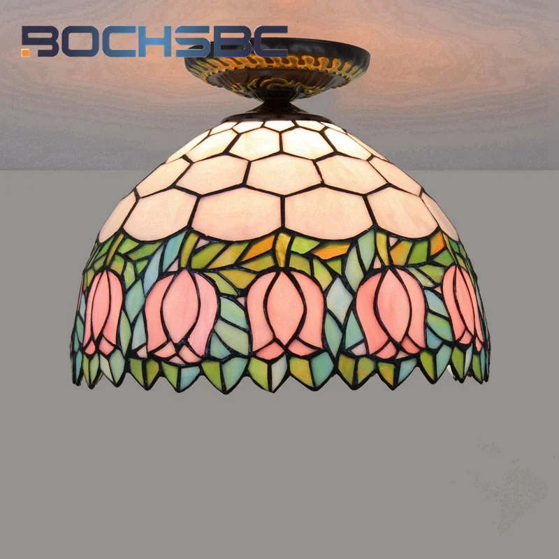 BOCHSBC Tiffany style stained glass pink tulip 12inch Pendant lamp for dining room bedroom hallway ceiling light LED decor