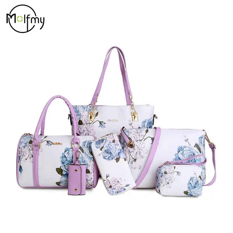 6/Piece Set Mother Handbag Vintage Tote Bags Printed High Quality Women\'s Bag Trend One Shoulder Crossbody Women Handbags Purse