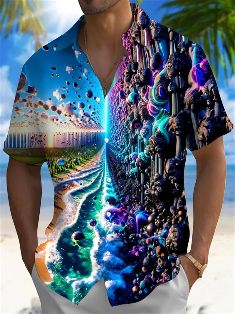 2025 Hawaii Men's Short sleeved Shirt Happy Rainbow Design Summer Fashion Casual Street Wear Men's Wear