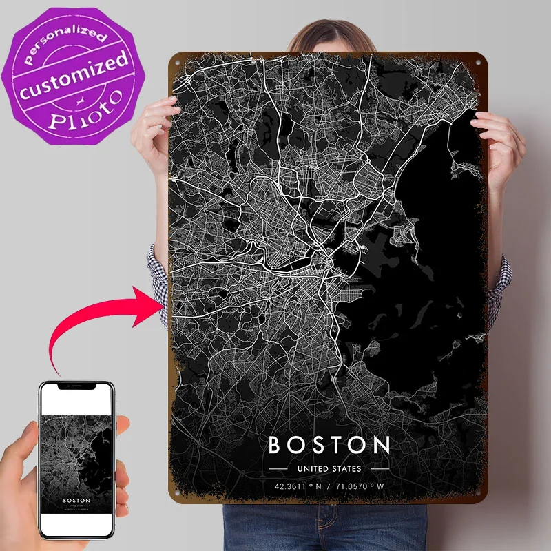 Boston City Map Dark Personalized 3D Textured Metal Poster Wall Art Tinplate Sign for Bedroom Decorations Interior Accessories