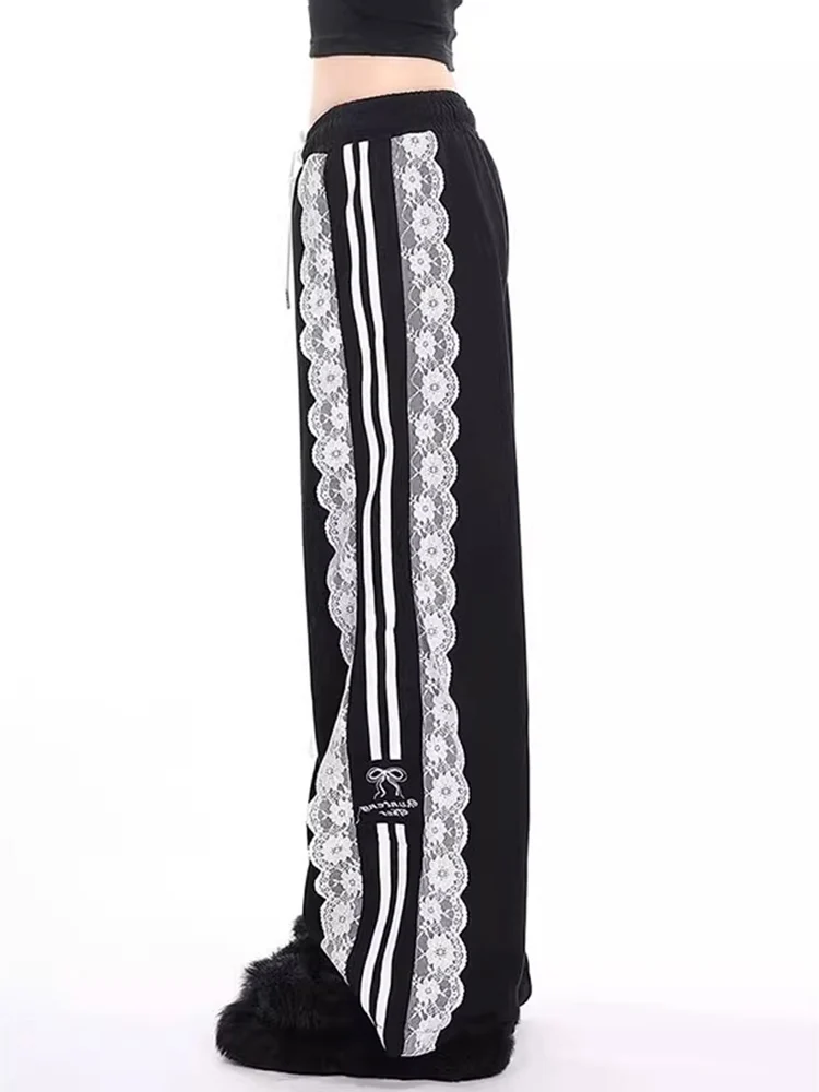 

Y2K Американские субкультуры кружевные спортивные брюки с высокой талией женские белые утягивающие брюки больших размеров повседневные прямые брюки
