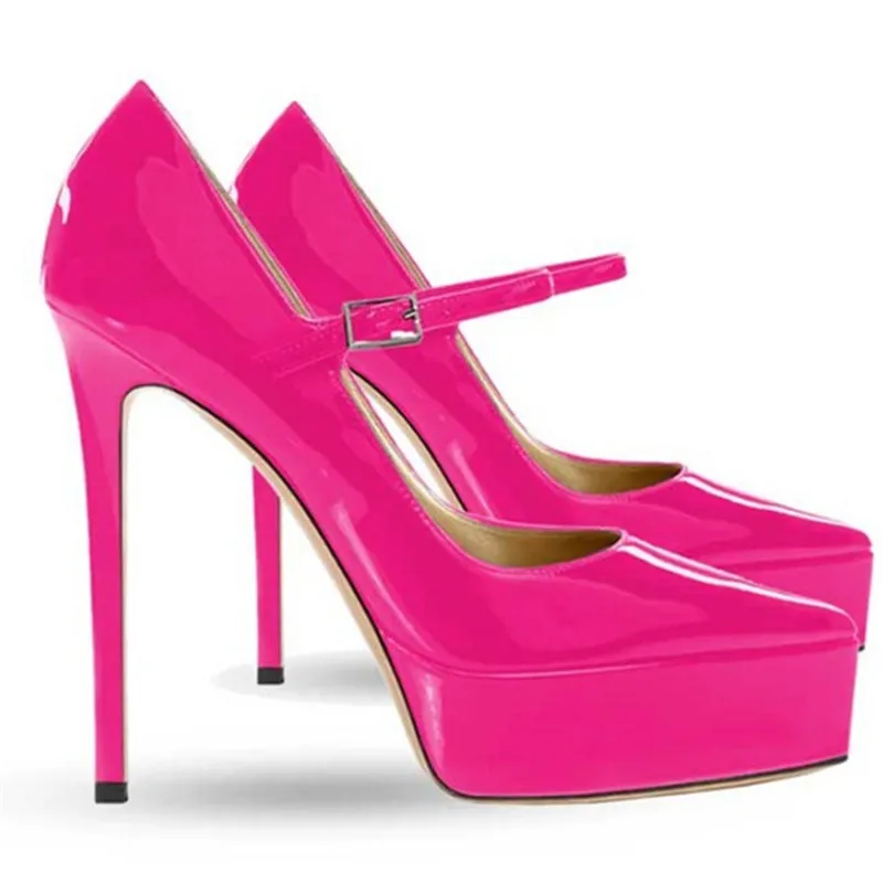 Women Hot Pink Patent Leather Platform Pumps Pointed Toe Mary Jane Strap Super Thin High Heels Party Evening Dress Shoes