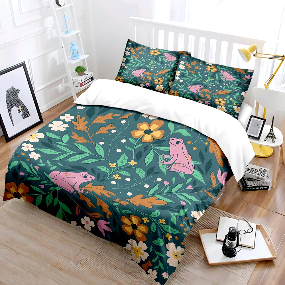 3pcs Pink frogs with floral pattern Bedding Set 1 Duvet Cover 2 Pillowcases for Adult and Children Luxury Gift Full Size