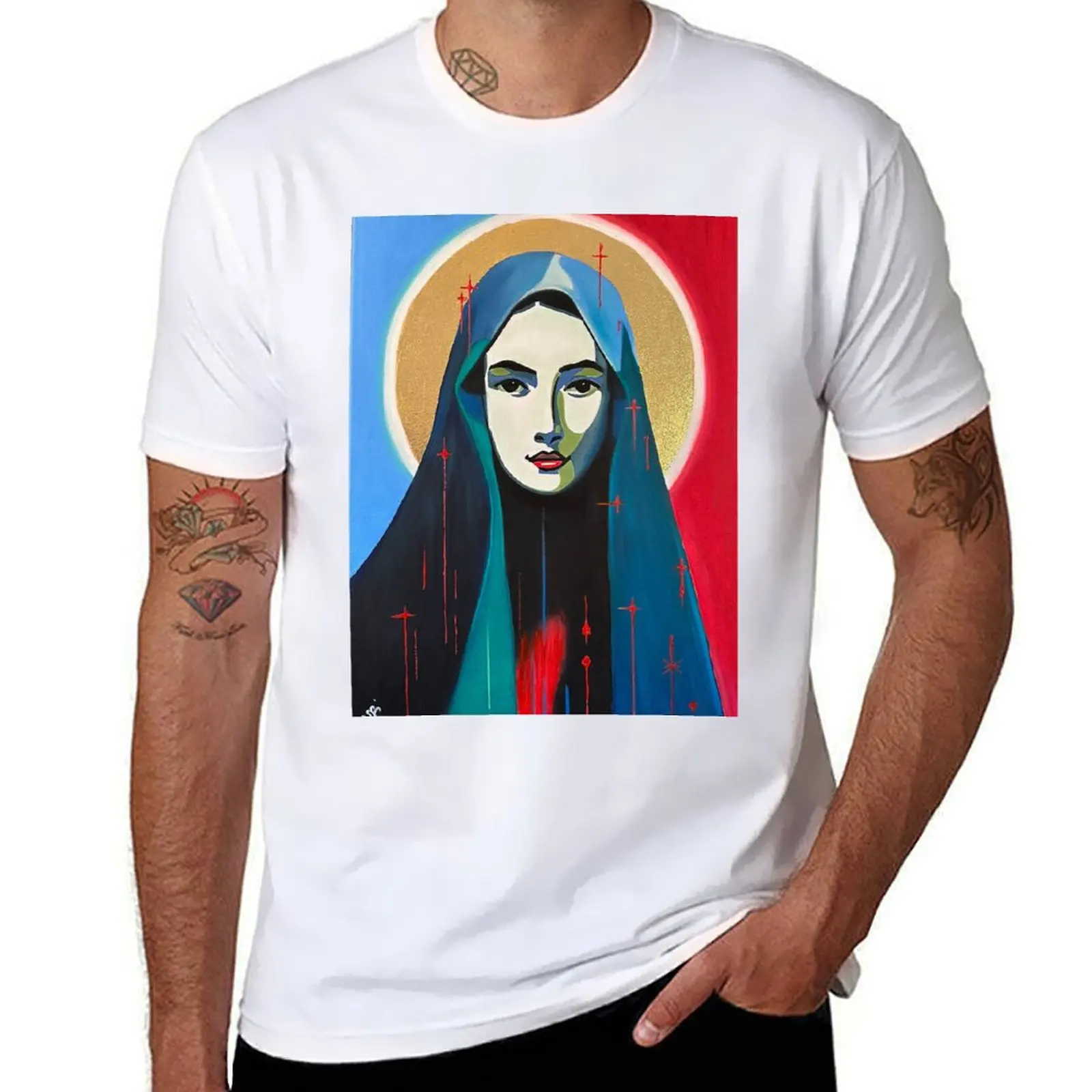 Mary Magdalene. Artist: ROSSI, acrylic, oil pastel, gold leaf, Virgin Mary, Madonna T-Shirt oversizeds tshirts for men