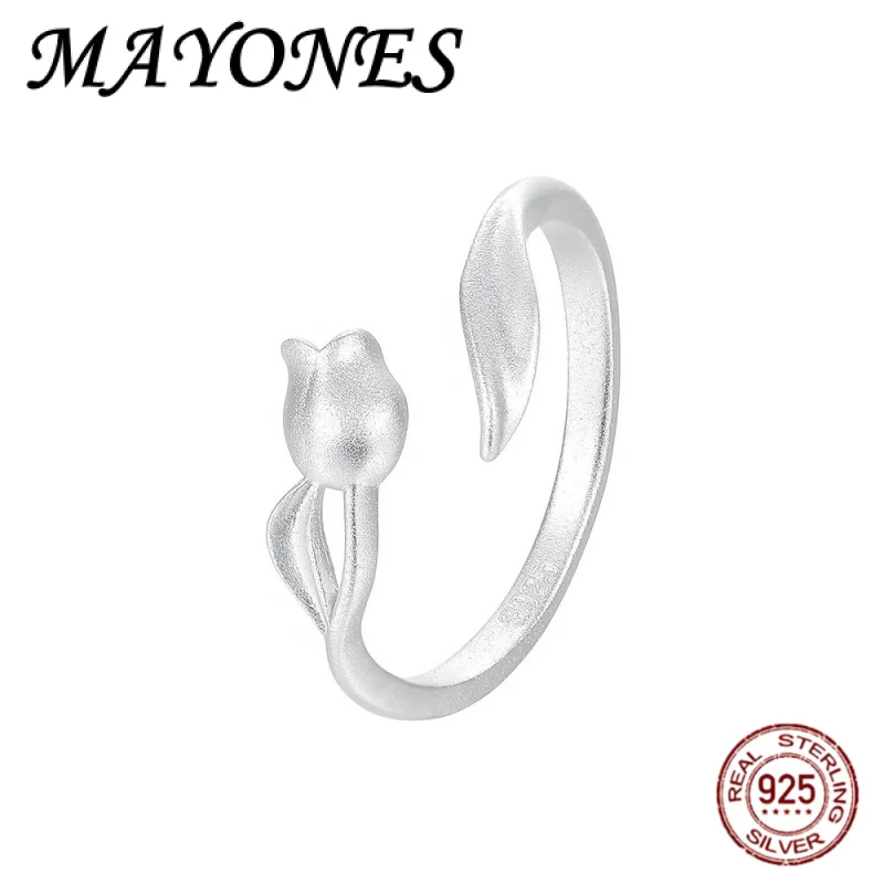 

Новое модное кольцо из стерлингового серебра 925 пробы с матовым покрытием в форме тюльпана, женское, в корейском стиле, очаровательное, с цветочным мотивом, нежное, свежее, подарок на день рождения