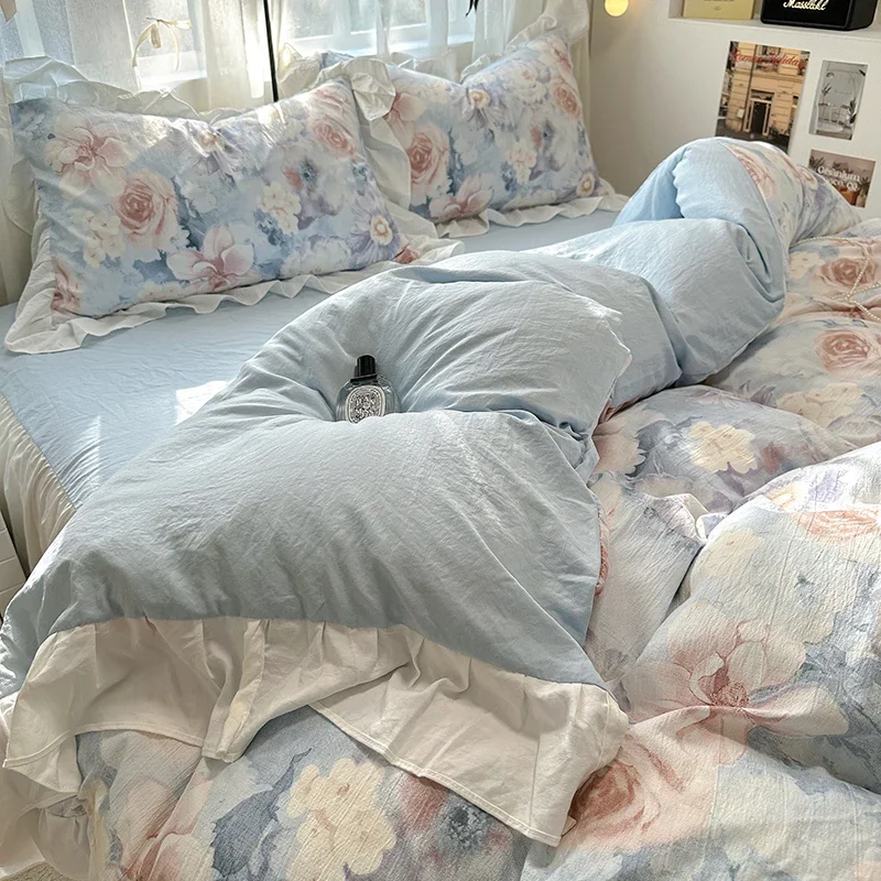 French Romantic Style Bedding Set Princess Skin Friendly And Comfortable Quilt Cover Lace Washed Cotton Printed Duvet  Cover Set