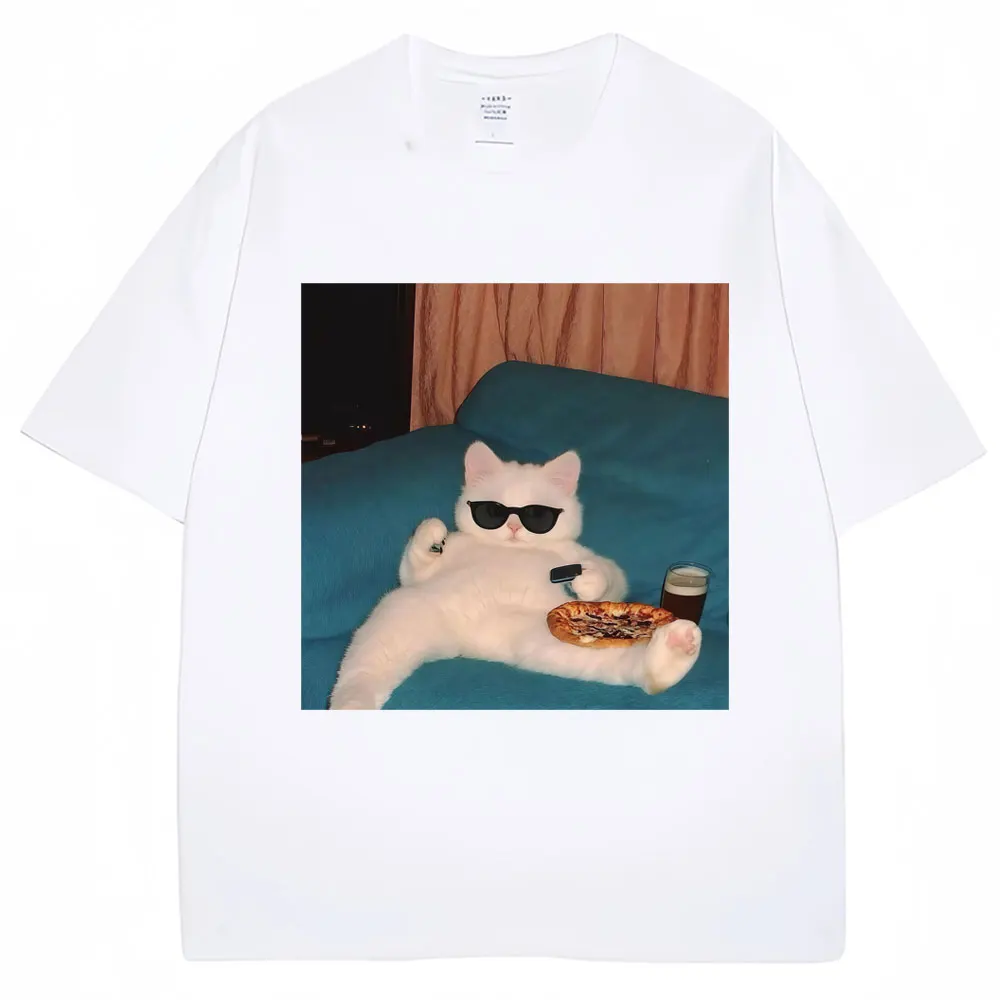 

Camisetas divertidas para mujeres con gafas para gatos y pizza camisetas kawaii Creativas y de moda camisetas informales