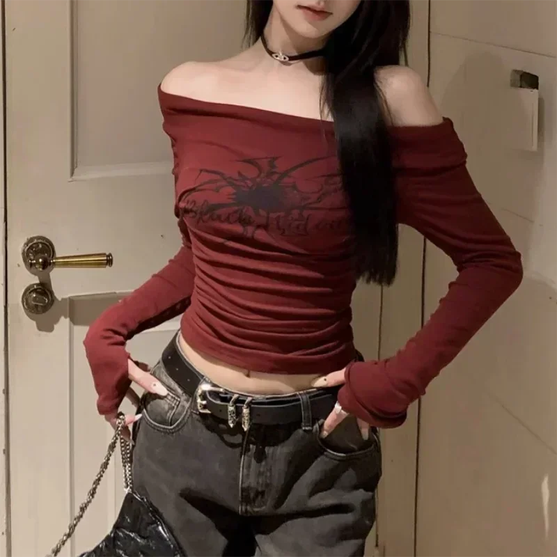 Vintage Gothic Grunge Spider Print Women Off Shoulder Long Sleeve Crop Top Y2K Stretch Ruched Korean Slim Streetwear Tops