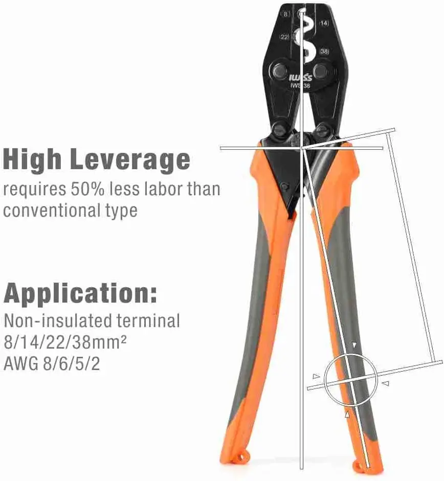 IWISS IWS-38 Crimping Plier AWG 8-2 for Non-Insulated Terminals/Butt/Splice/Open/Plug Connectors Crimper Wiring Repairs Tool