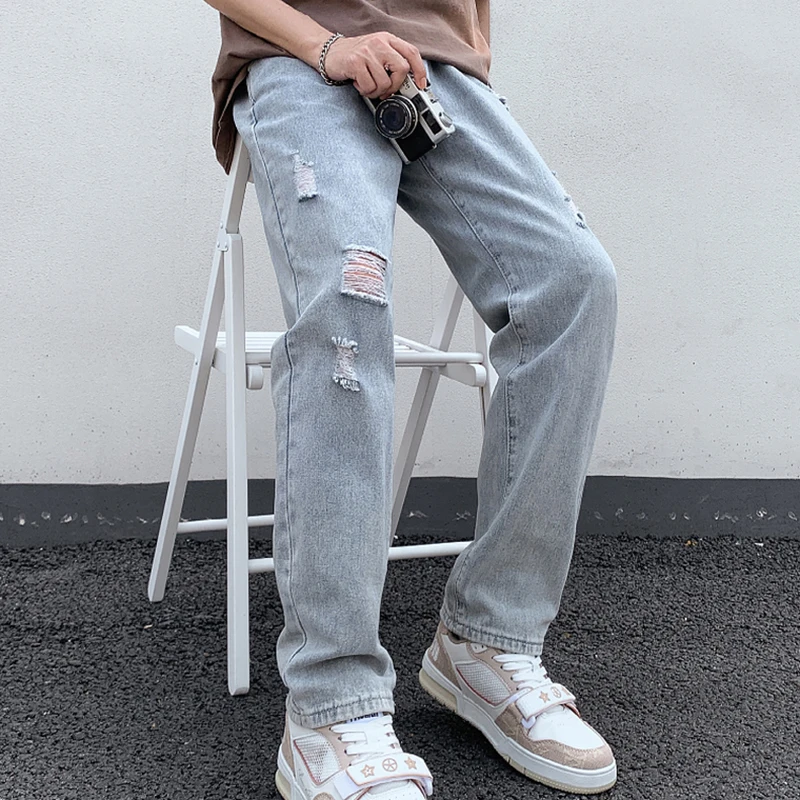 Denim Ripped Jeans Ruined Knee Hole Men\'s Straight Casual Pants Light Blue Tide High Street Old Retro Wide Leg Dropship Pants