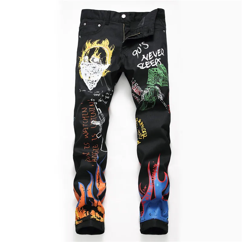 High Street Print Graffiti Jeans Men Loose Hip-hop Harajuku Skinny Sport Pants Casual Trend Straight Long Black Jean Pants Male