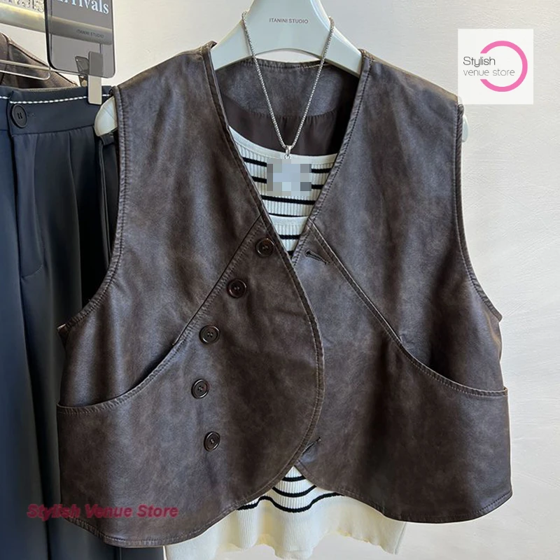 

Korean style retro button leather vest women's spring and autumn new fashion temperament advanced design casual Joker coat.