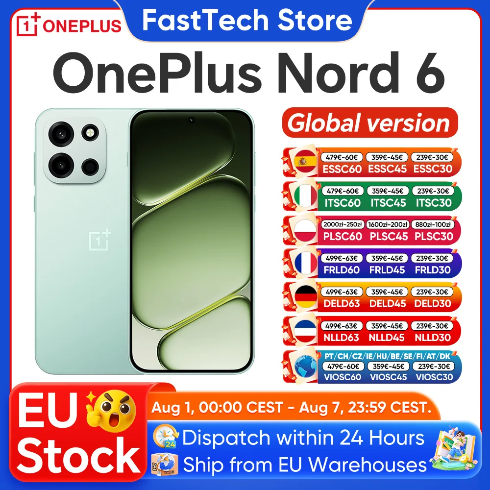 OnePlus Nord 6 5G Smartphone Versione Globale Snapdragon 8s Gen 4 Display AMOLED da 6,78” 165Hz 165FPS Batteria da 7500mAh Ricarica SUPERVOOC da 80W Fotocamera principale SONY da 50MP con OIS a doppio asse