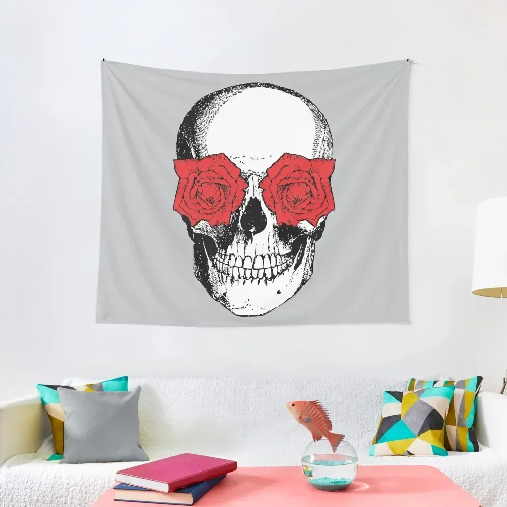 

Skull and Roses | Skull and Flowers Skulls Skeletons Vintage Skulls Grey Red Tapestry Wall Carpet Tapestry