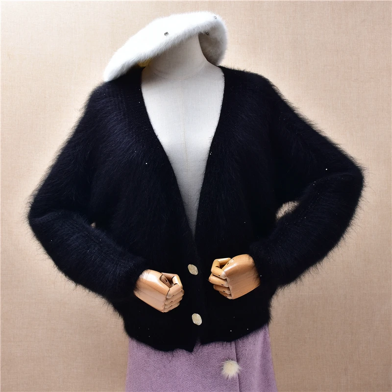 

Женский осенне-зимний модный блестящий норковый кашемировый вязаный укороченный топ с блестящими пайетками и v-образным вырезом, свободный карнавальный свитер, куртка