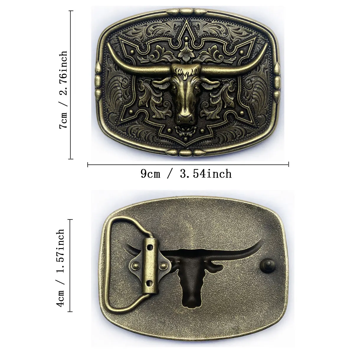 Vintage Longhorn Bull Head Belt Buckle 3D Embossed Floral Engraved Metal Belt Buckle Western Cowboy Belt Buckle for Men Jeans