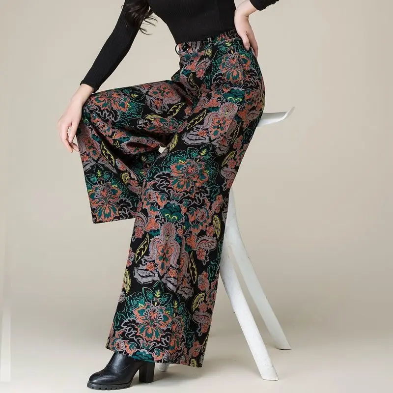 Autumn and Winter Women's Printed Elastic Button Fashion Commute Loose Middle Aged Wide Leg New High Waist Straight Skirt Pants